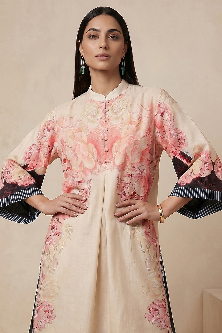 Pink Chanderi Floral Printed Tunic by Satya Paul at Pernia's Pop Up Shop