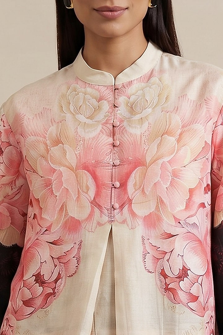 Pink Chanderi Floral Printed Tunic by Satya Paul at Pernia's Pop Up Shop