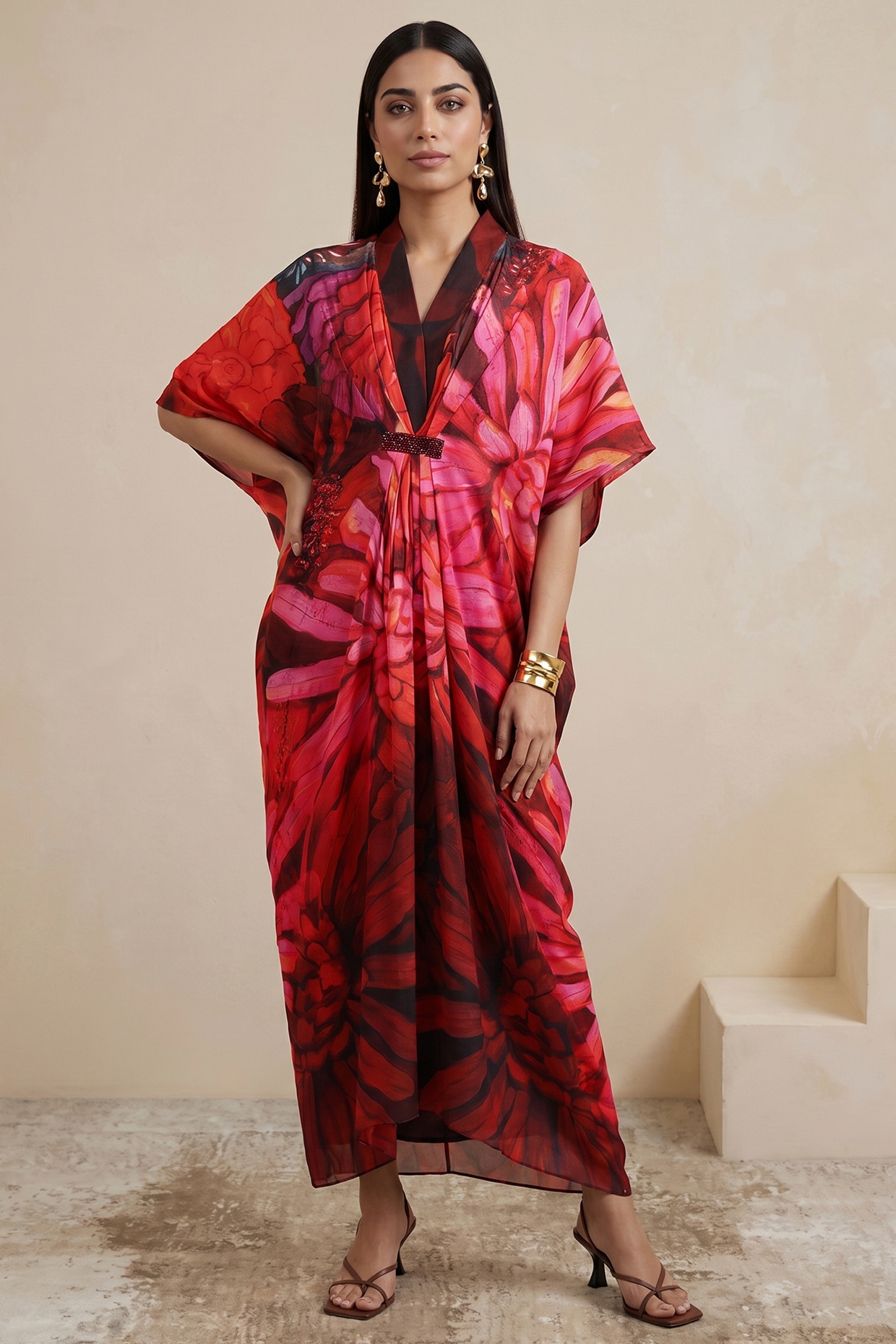Satya Paul Red Satin Floral Printed Kaftan
