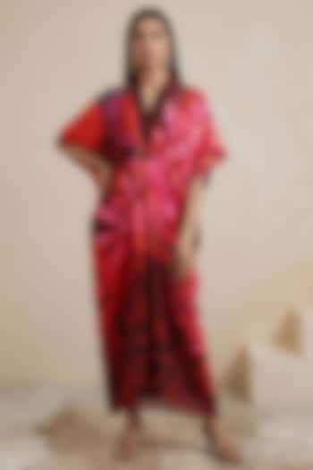 Red Satin Floral Printed Kaftan by Satya Paul at Pernia's Pop Up Shop