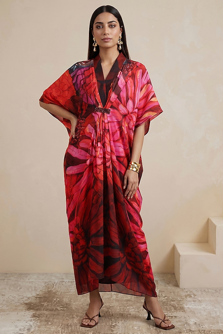 Red Satin Floral Printed Kaftan by Satya Paul at Pernia's Pop Up Shop