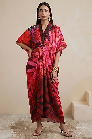 Red Satin Floral Printed Kaftan by Satya Paul