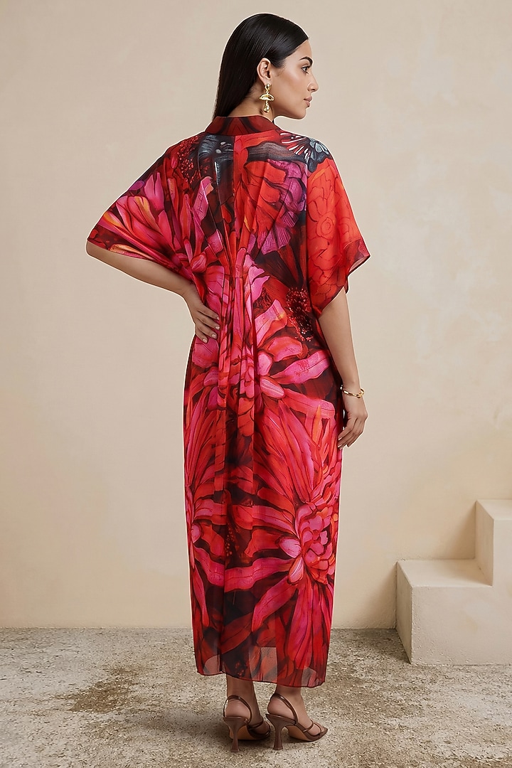 Red Satin Floral Printed Kaftan by Satya Paul at Pernia's Pop Up Shop