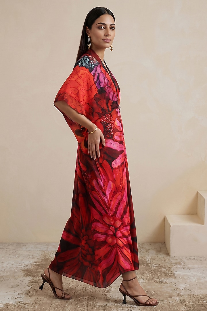 Red Satin Floral Printed Kaftan by Satya Paul at Pernia's Pop Up Shop