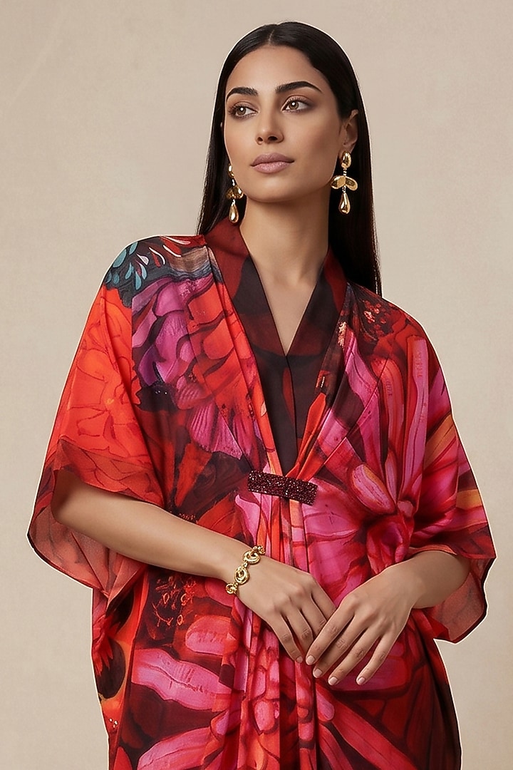 Red Satin Floral Printed Kaftan by Satya Paul at Pernia's Pop Up Shop