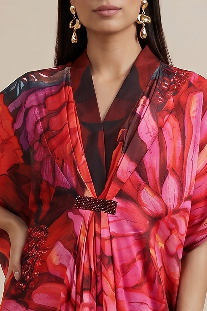 Red Satin Floral Printed Kaftan by Satya Paul at Pernia's Pop Up Shop