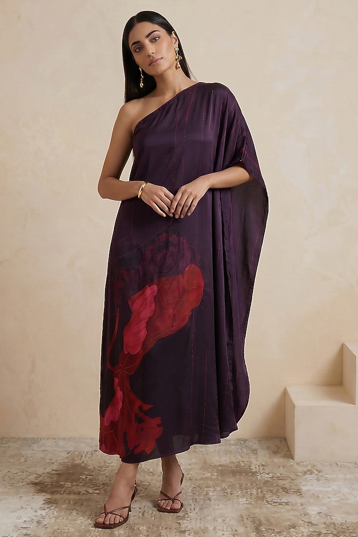 Red Poly Satin Floral Printed One-Shoulder Kaftan by Satya Paul at Pernia's Pop Up Shop