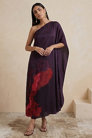 Red Poly Satin Floral Printed One-Shoulder Kaftan by Satya Paul