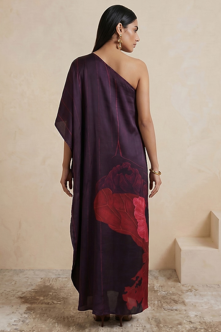 Red Poly Satin Floral Printed One-Shoulder Kaftan by Satya Paul at Pernia's Pop Up Shop