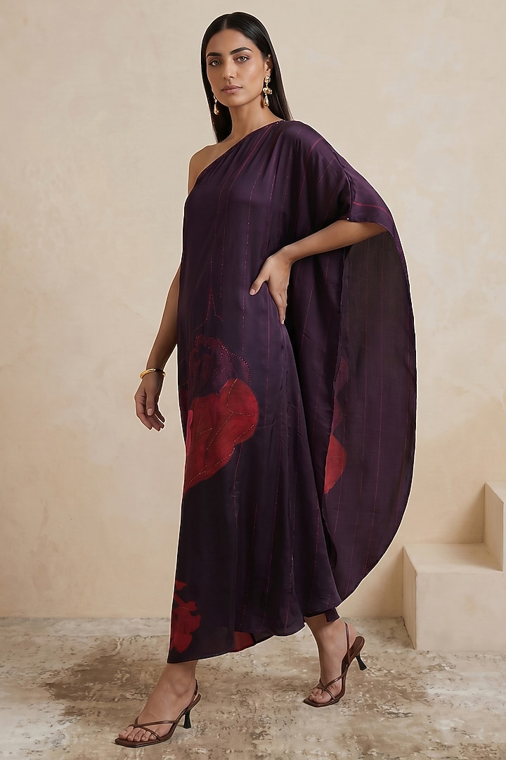 Red Poly Satin Floral Printed One-Shoulder Kaftan by Satya Paul at Pernia's Pop Up Shop