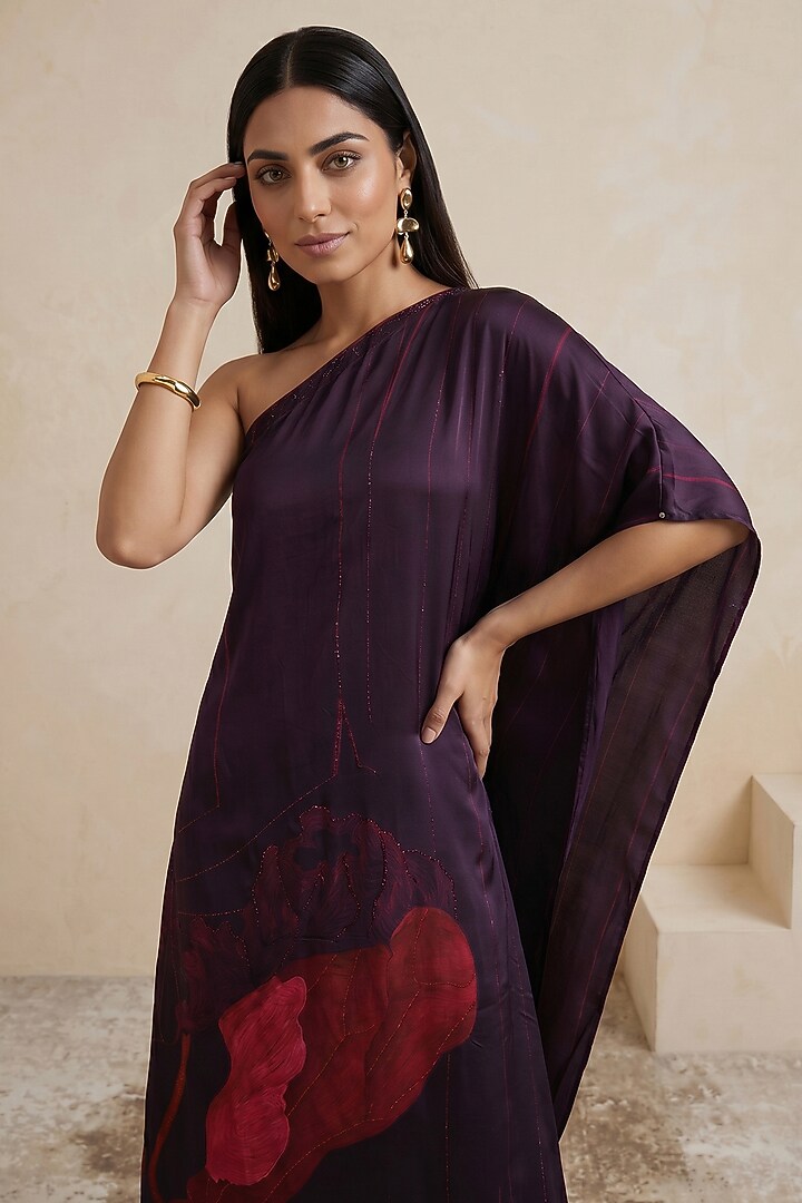 Red Poly Satin Floral Printed One-Shoulder Kaftan by Satya Paul at Pernia's Pop Up Shop