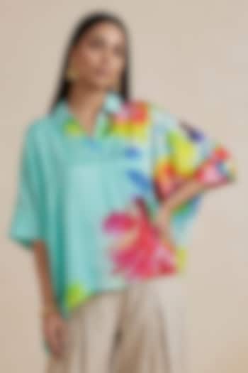 Blue Satin Floral Printed Kaftan Top by Satya Paul at Pernia's Pop Up Shop