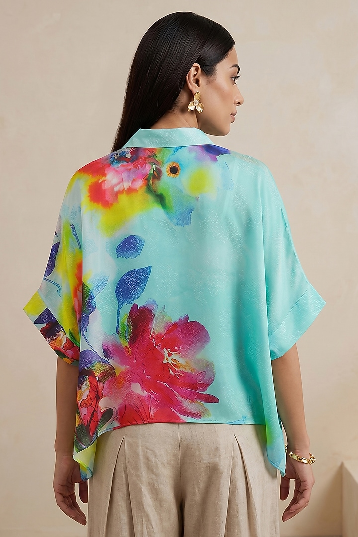 Blue Satin Floral Printed Kaftan Top by Satya Paul at Pernia's Pop Up Shop