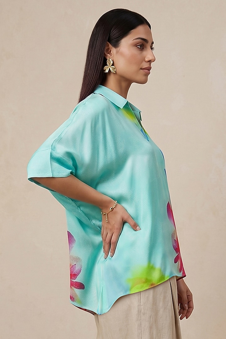 Blue Satin Floral Printed Kaftan Top by Satya Paul at Pernia's Pop Up Shop