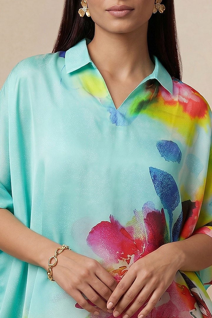 Blue Satin Floral Printed Kaftan Top by Satya Paul at Pernia's Pop Up Shop