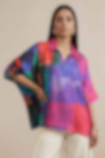 Blue Satin Abstract Printed Kaftan Top by Satya Paul at Pernia's Pop Up Shop