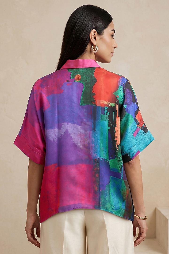 Blue Satin Abstract Printed Kaftan Top by Satya Paul at Pernia's Pop Up Shop