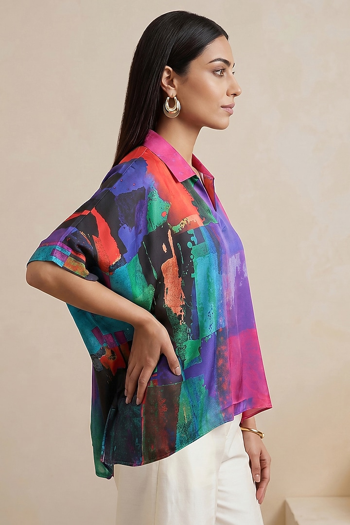 Blue Satin Abstract Printed Kaftan Top by Satya Paul at Pernia's Pop Up Shop