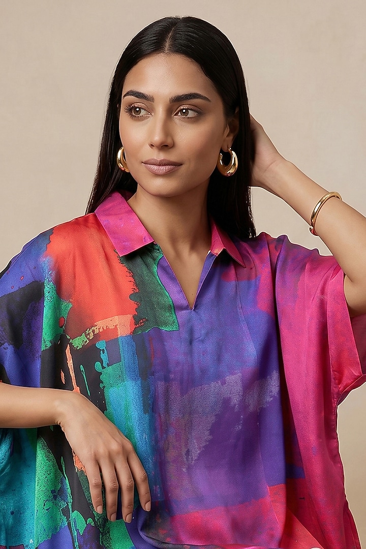 Blue Satin Abstract Printed Kaftan Top by Satya Paul at Pernia's Pop Up Shop