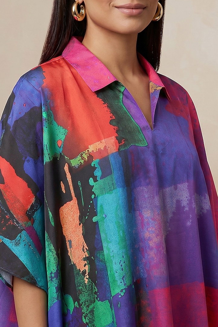 Blue Satin Abstract Printed Kaftan Top by Satya Paul at Pernia's Pop Up Shop