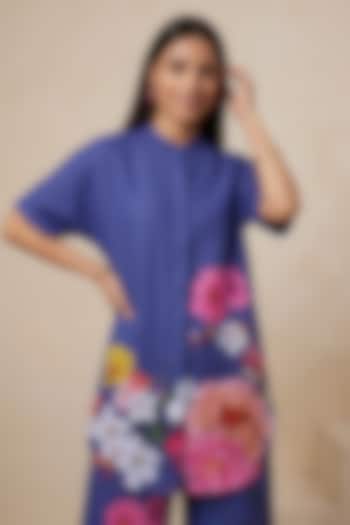 Blue Linen Floral Motif Printed Tunic by Satya Paul at Pernia's Pop Up Shop