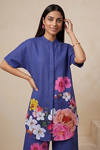 Blue Linen Floral Motif Printed Tunic by Satya Paul