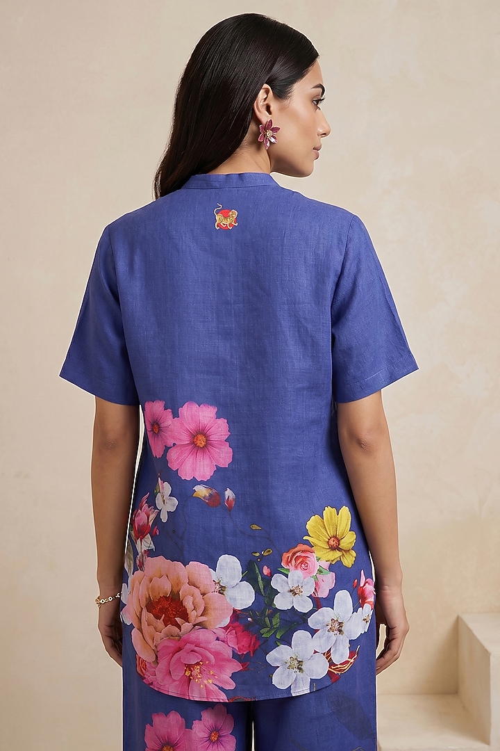 Blue Linen Floral Motif Printed Tunic by Satya Paul at Pernia's Pop Up Shop