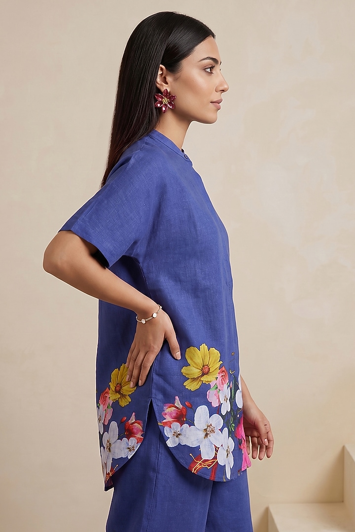Blue Linen Floral Motif Printed Tunic by Satya Paul at Pernia's Pop Up Shop