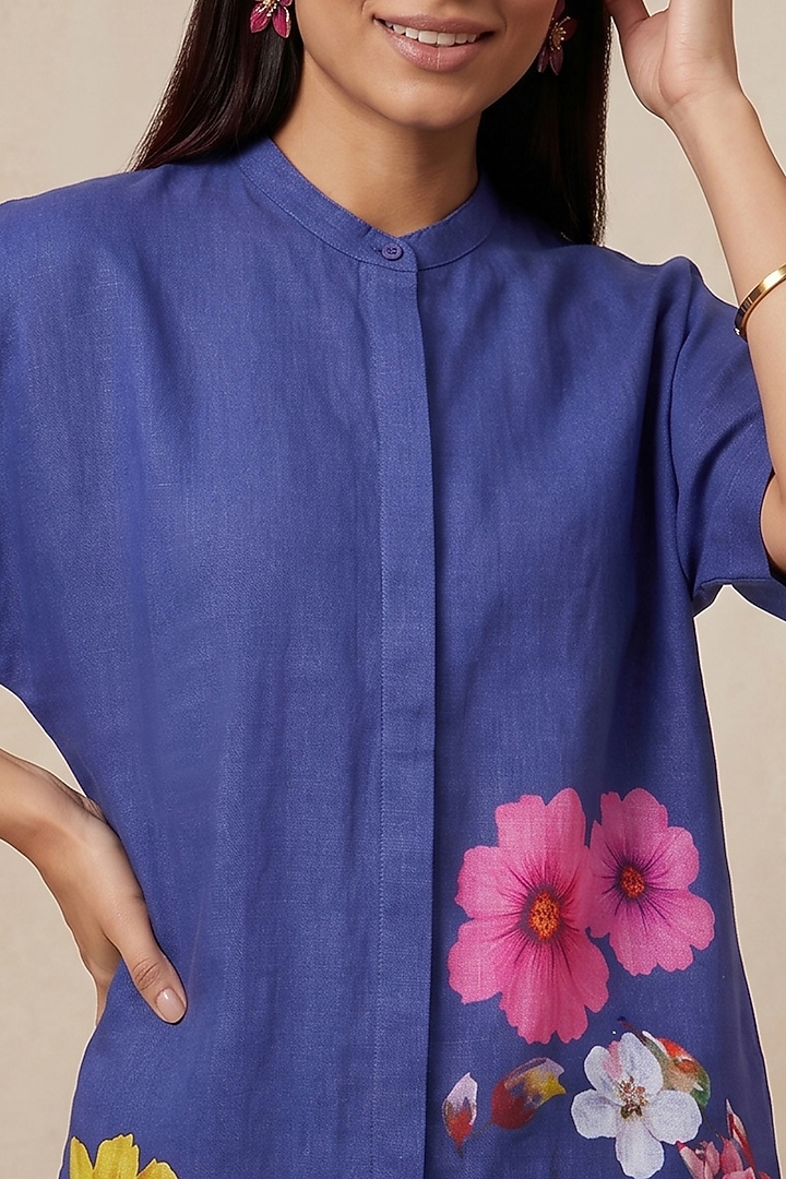 Blue Linen Floral Motif Printed Tunic by Satya Paul at Pernia's Pop Up Shop