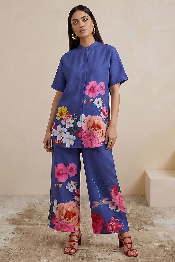 Blue Linen Floral Motif Printed Pants by Satya Paul at Pernia's Pop Up Shop