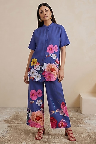 Blue Linen Floral Motif Printed Pants by Satya Paul