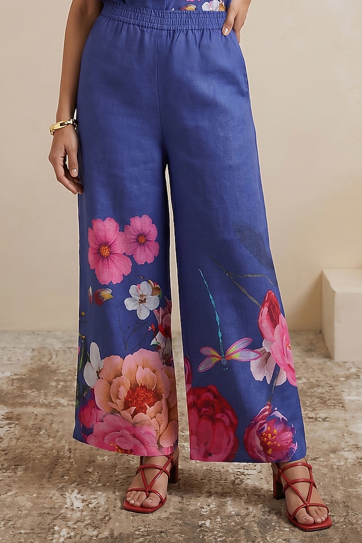 Blue Linen Floral Motif Printed Pants by Satya Paul at Pernia's Pop Up Shop