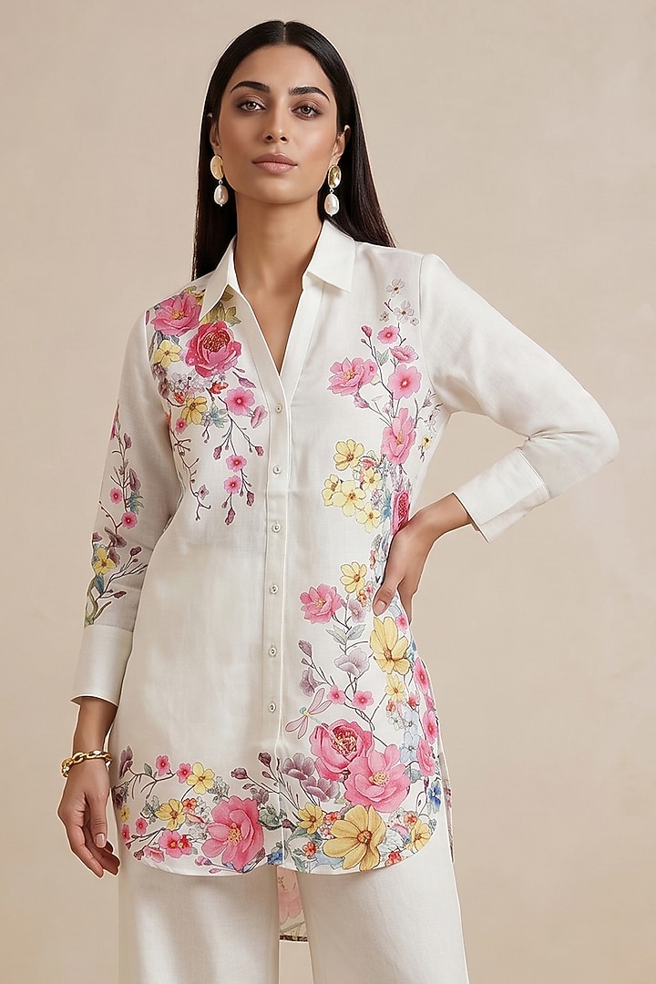 Off-White Linen Floral Motif Printed Tunic by Satya Paul at Pernia's Pop Up Shop