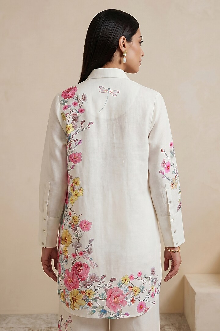 Off-White Linen Floral Motif Printed Tunic by Satya Paul at Pernia's Pop Up Shop