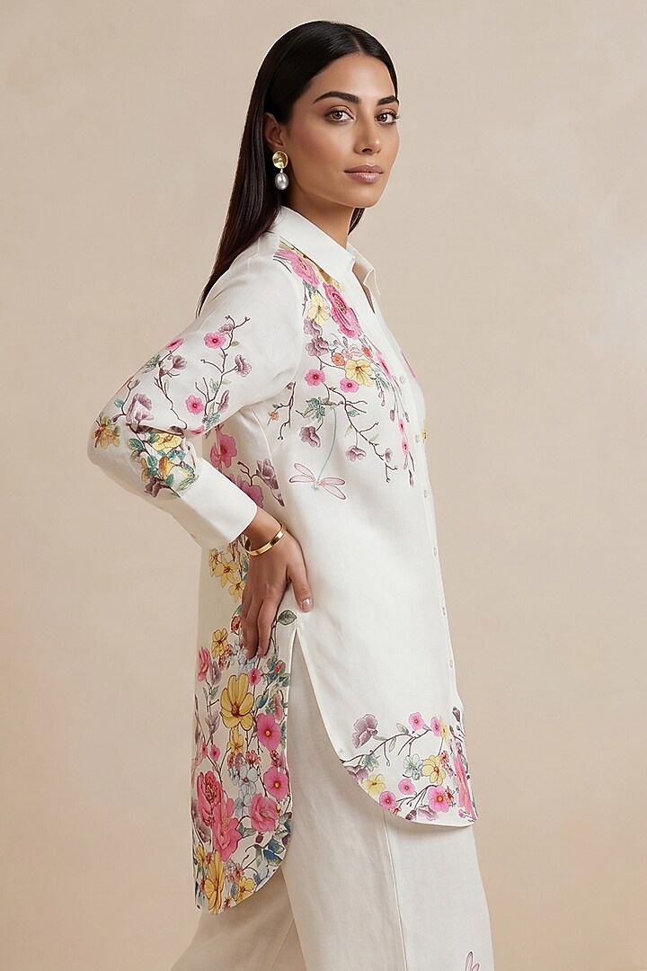Off-White Linen Floral Motif Printed Tunic by Satya Paul at Pernia's Pop Up Shop