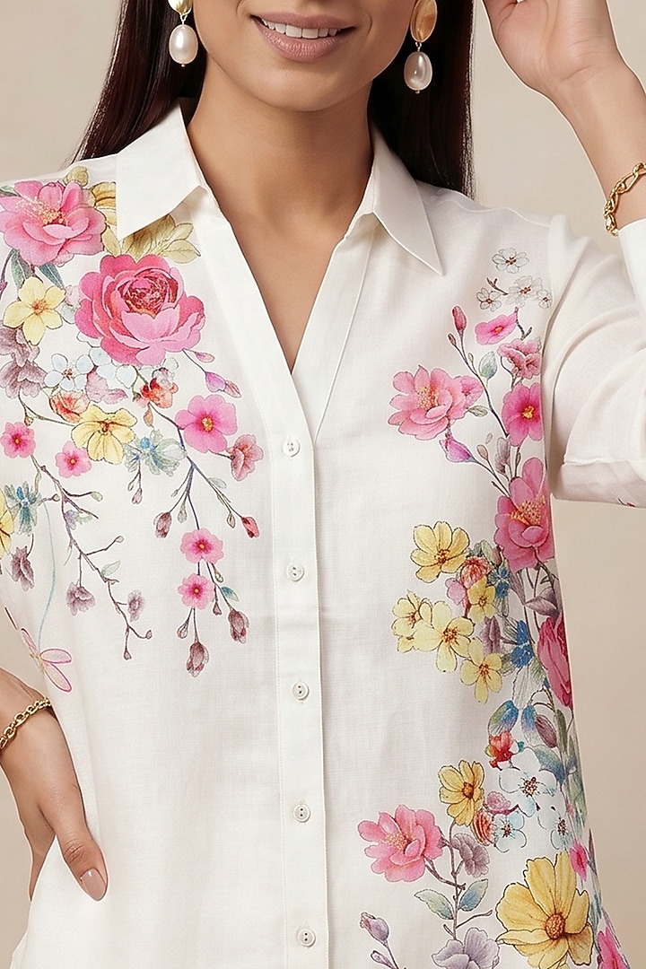 Off-White Linen Floral Motif Printed Tunic by Satya Paul at Pernia's Pop Up Shop