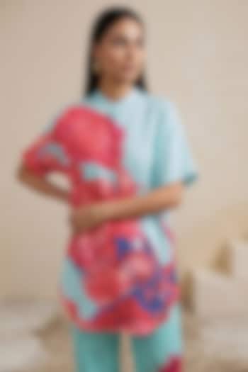 Blue Linen Floral Motif Printed Tunic by Satya Paul at Pernia's Pop Up Shop