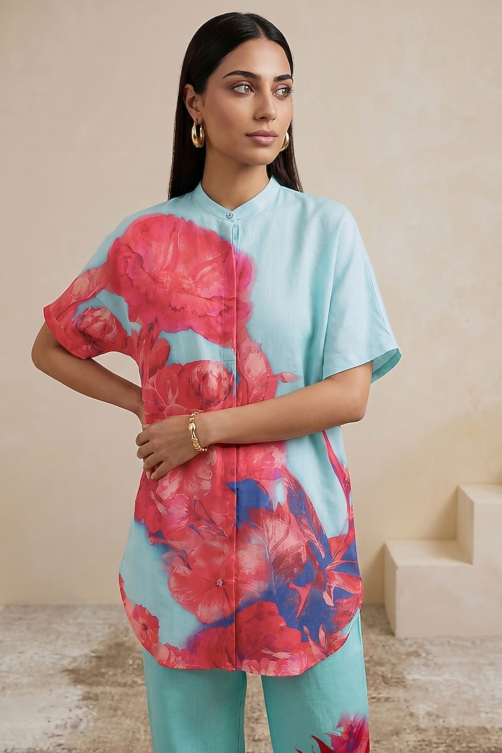 Blue Linen Floral Motif Printed Tunic by Satya Paul at Pernia's Pop Up Shop