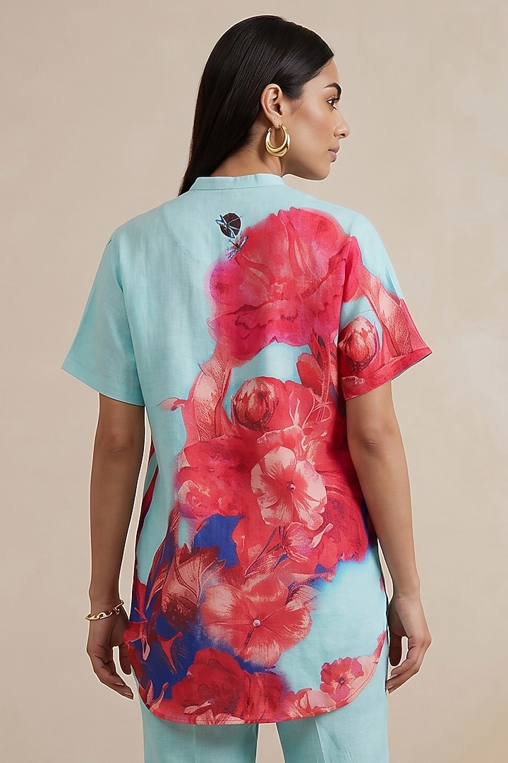 Blue Linen Floral Motif Printed Tunic by Satya Paul at Pernia's Pop Up Shop
