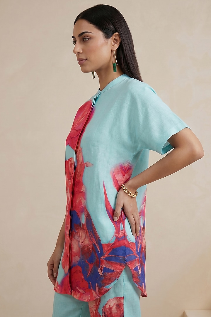 Blue Linen Floral Motif Printed Tunic by Satya Paul at Pernia's Pop Up Shop