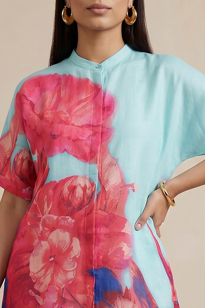 Blue Linen Floral Motif Printed Tunic by Satya Paul at Pernia's Pop Up Shop