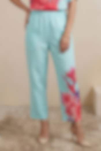 Blue Linen Floral Motif Printed Pants by Satya Paul at Pernia's Pop Up Shop