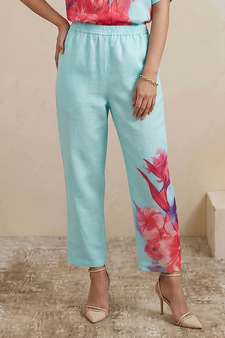 Blue Linen Floral Motif Printed Pants by Satya Paul at Pernia's Pop Up Shop