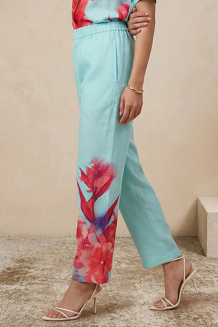 Blue Linen Floral Motif Printed Pants by Satya Paul at Pernia's Pop Up Shop