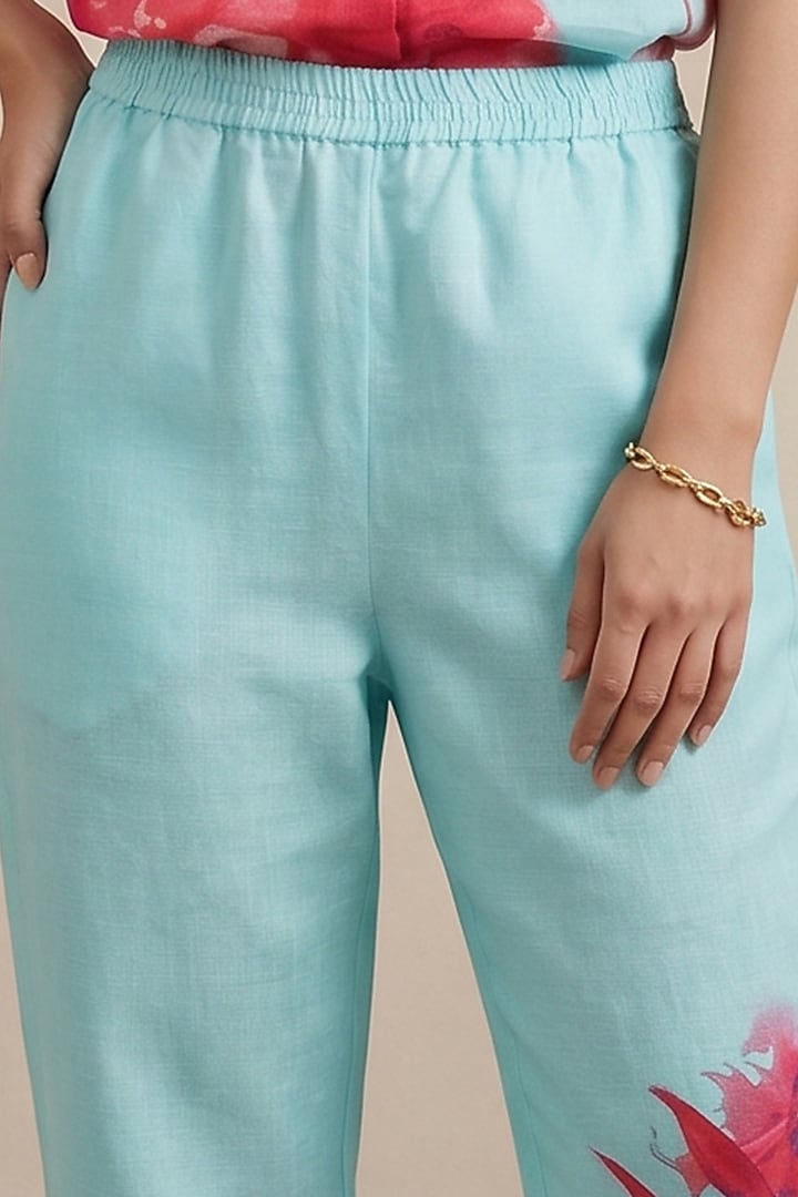Blue Linen Floral Motif Printed Pants by Satya Paul at Pernia's Pop Up Shop