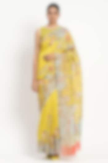 Lemon Yellow Linen Printed Saree by Satya Paul at Pernia's Pop Up Shop