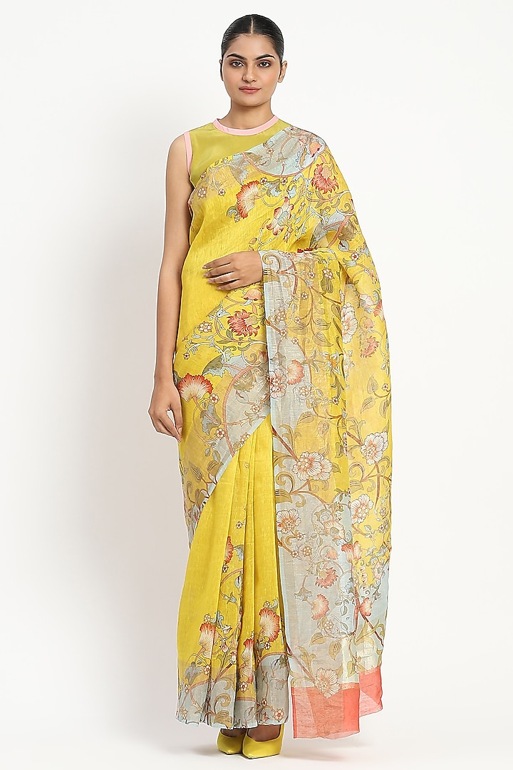 Lemon Yellow Linen Printed Saree by Satya Paul at Pernia's Pop Up Shop