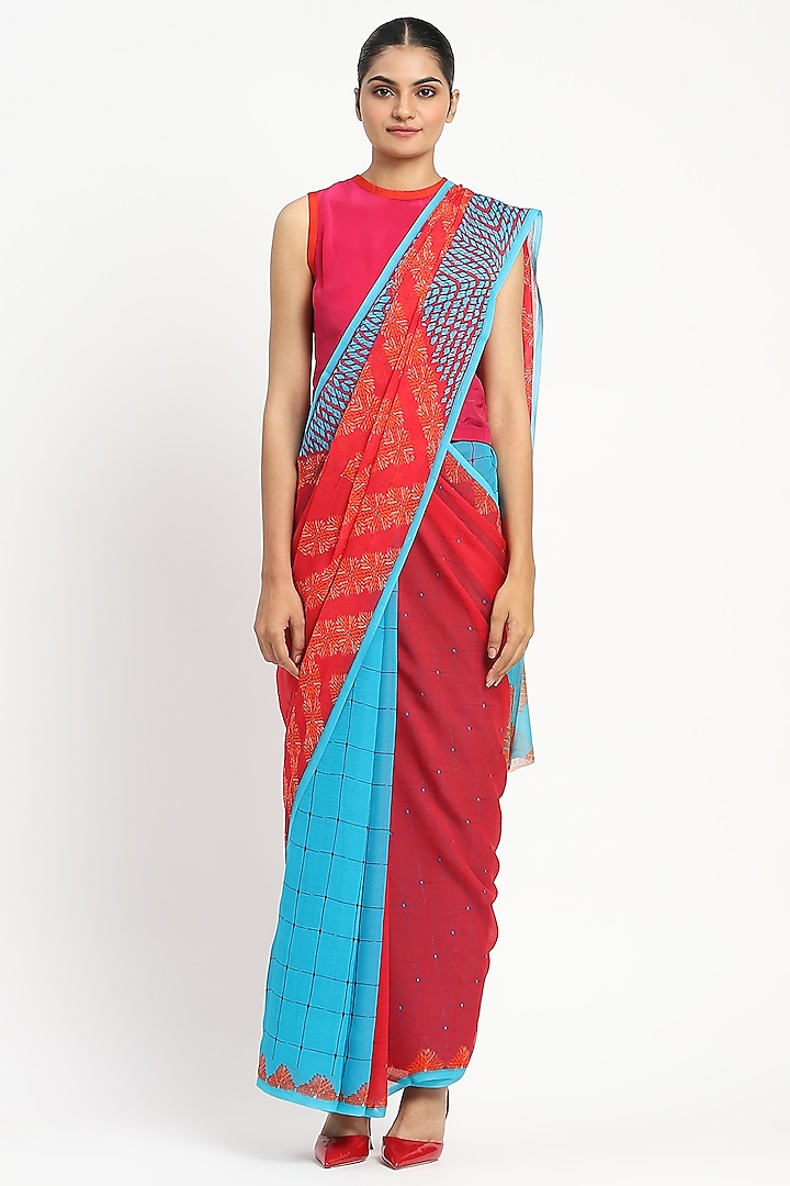 Magenta Silk Chiffon Printed & Color Blocked Saree by Satya Paul at Pernia's Pop Up Shop