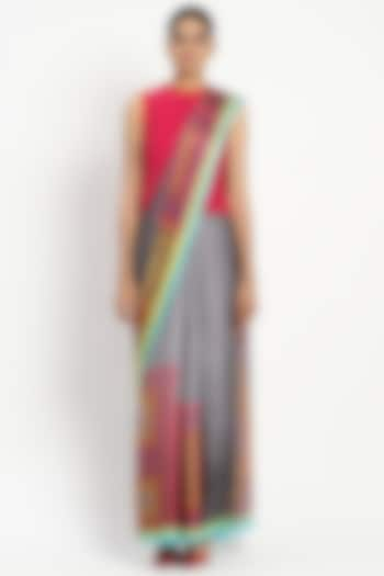 Grey Silk Georgette Satin Chevron Printed & Embellished Saree by Satya Paul at Pernia's Pop Up Shop