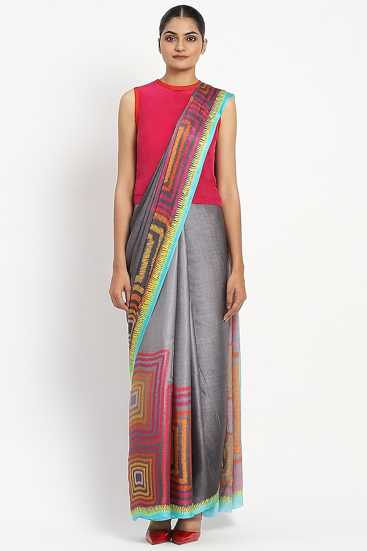 Grey Silk Georgette Satin Chevron Printed & Embellished Saree by Satya Paul at Pernia's Pop Up Shop